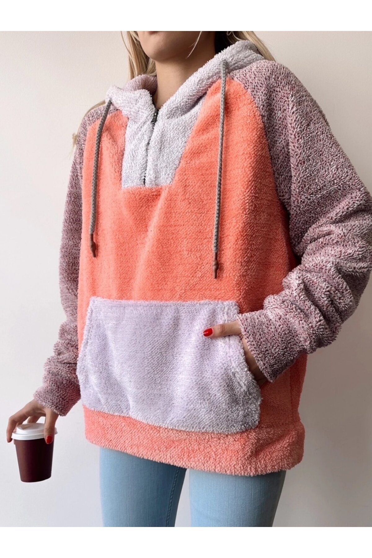 Kadın Çok Renkli Kanguru Cepli Kapüşonlu Spor Şık Oversize Sweatshirt