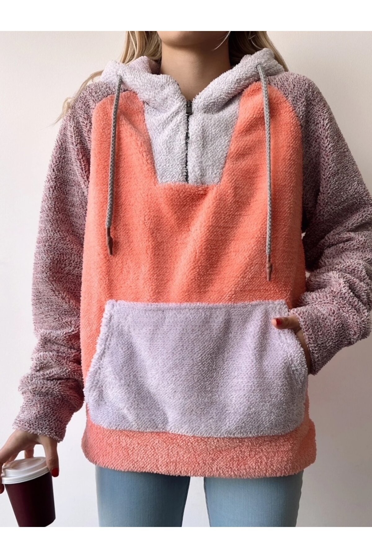 Kadın Çok Renkli Kanguru Cepli Kapüşonlu Spor Şık Oversize Sweatshirt