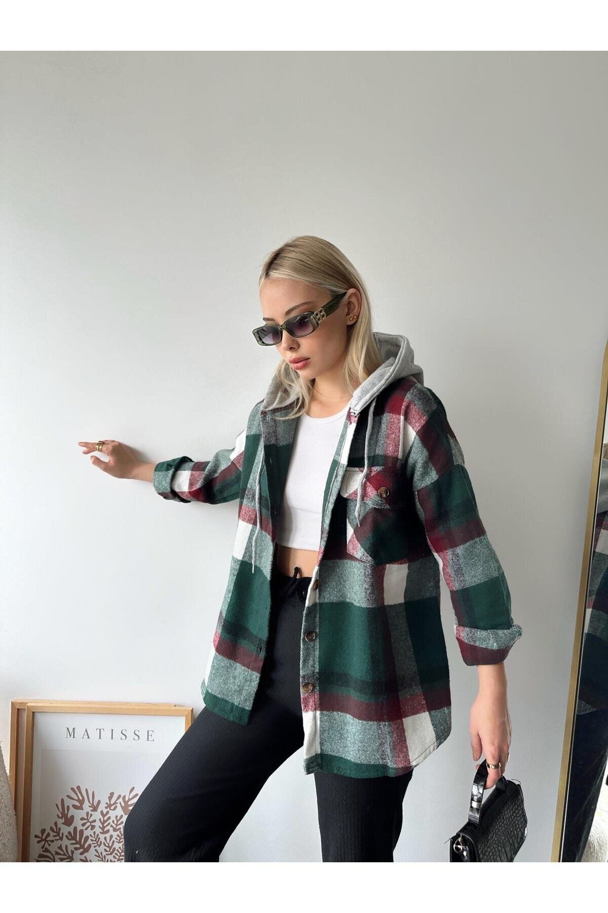 Kadın Çok Renkli Koyu Yeşil Oduncu Oversize Ceket Gömlek