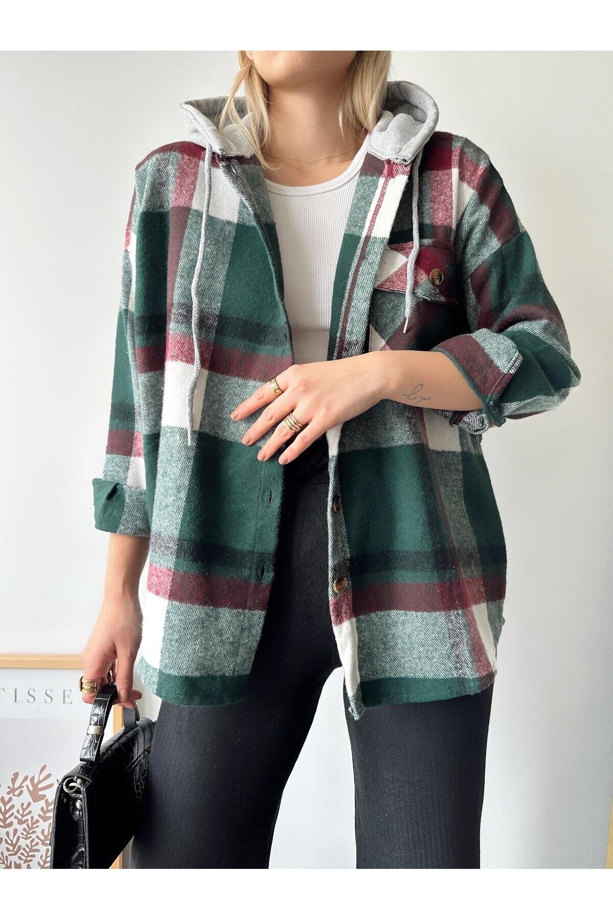 Kadın Çok Renkli Koyu Yeşil Oduncu Oversize Ceket Gömlek