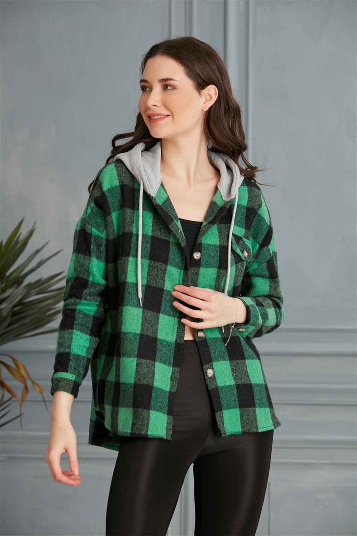 Kadın Çok Renkli Yeşil Oduncu Oversize Ceket Gömlek