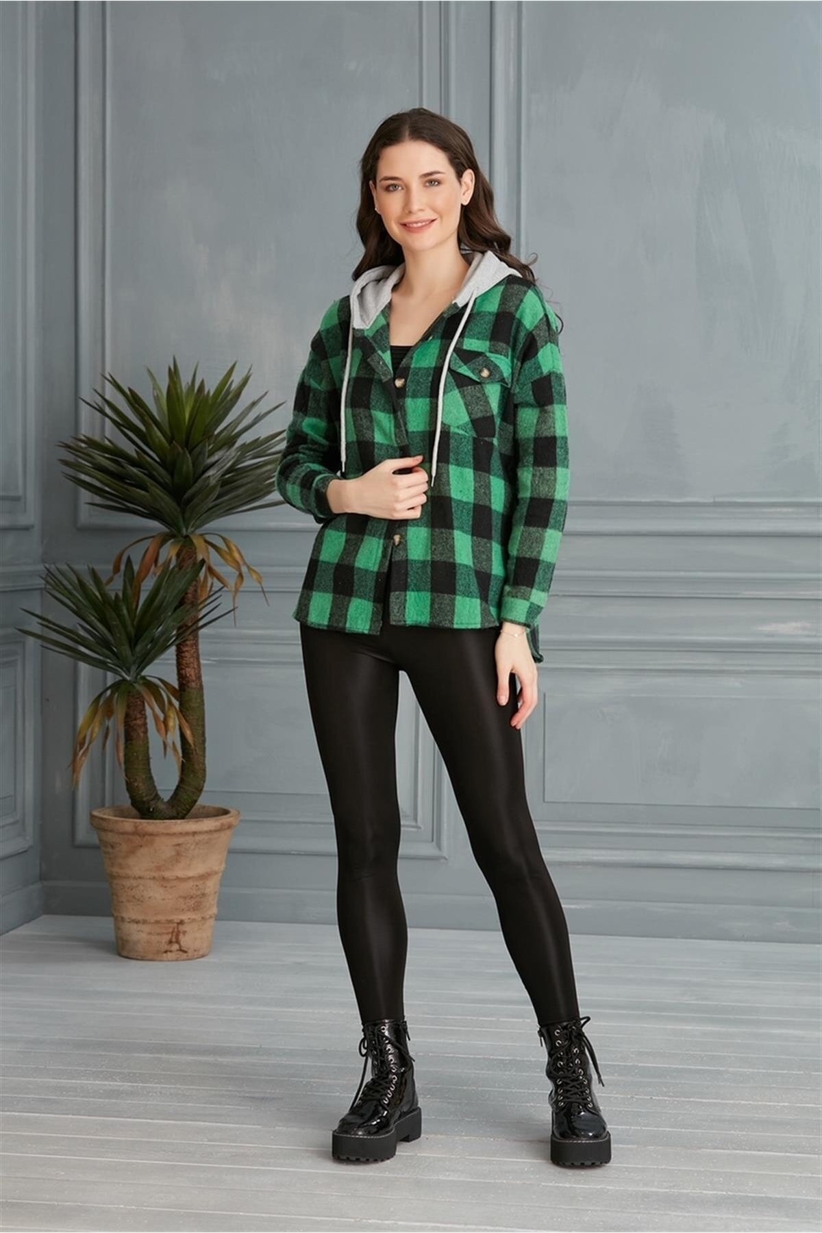 Kadın Çok Renkli Yeşil Oduncu Oversize Ceket Gömlek