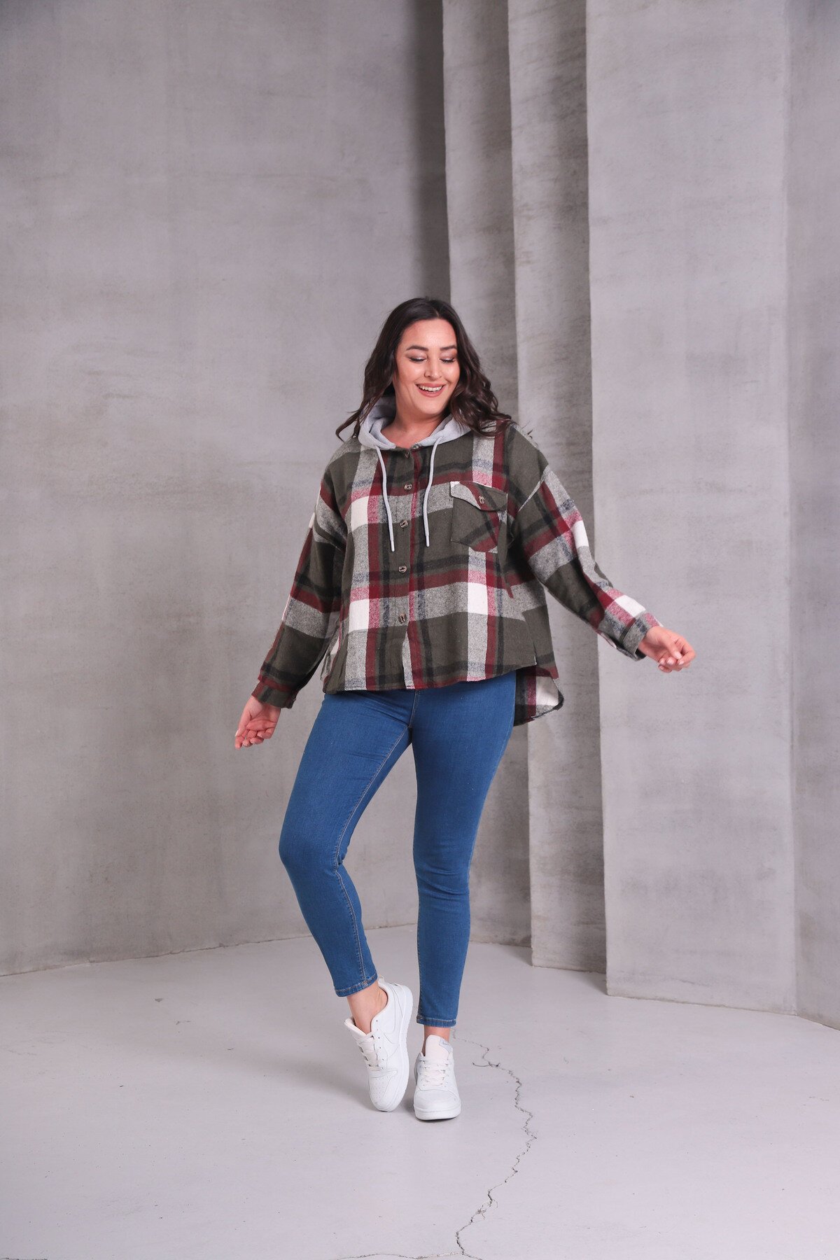 Kadın Curve Desenli Renkli Oduncu Oversize Büyük Beden Ceket Gömlek