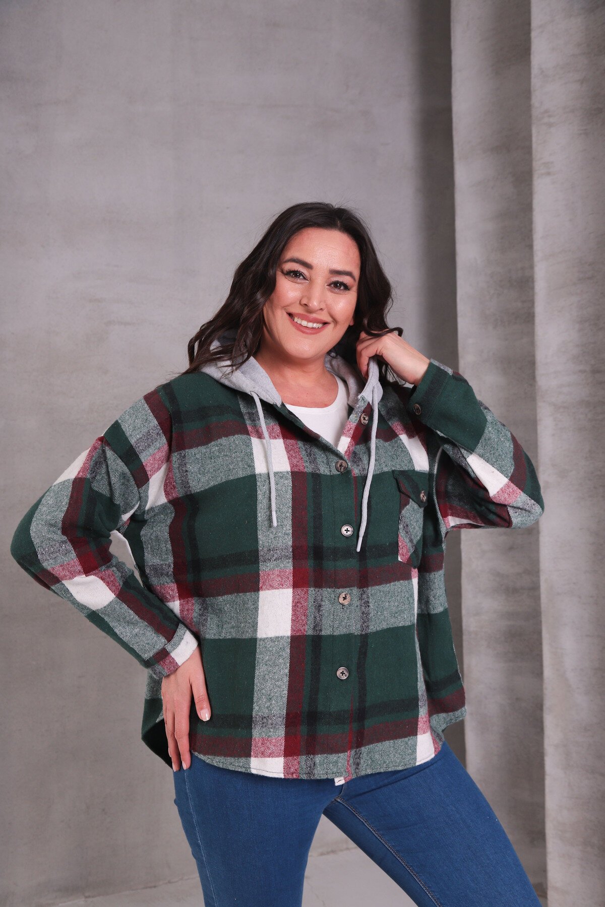 Kadın Curve Desenli Renkli Oduncu Oversize Büyük Beden Ceket Gömlek