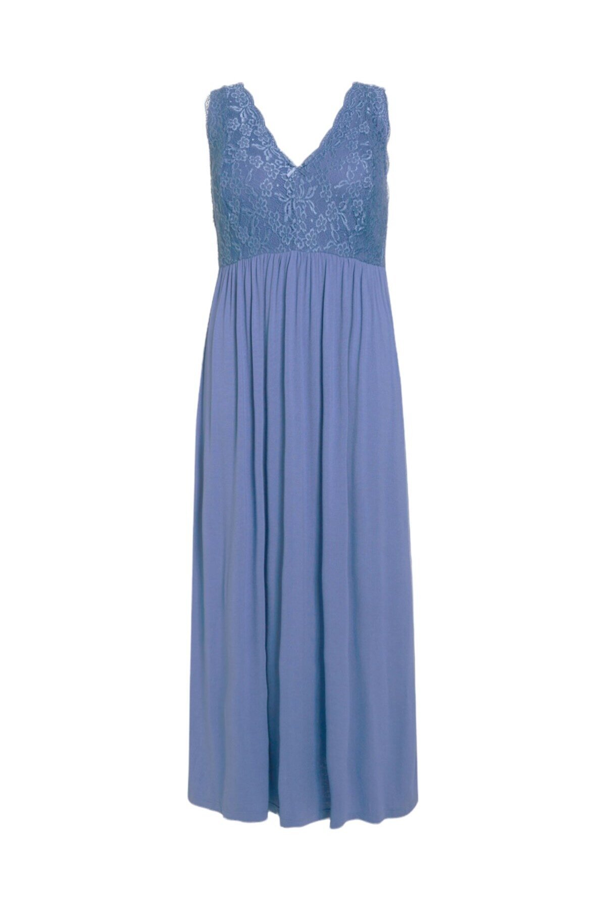 Kadın Dantel Detay Askılı Bebe-buz Mavi Şık Uzun Büyük Beden Curve Viskon Gecelik Elbise