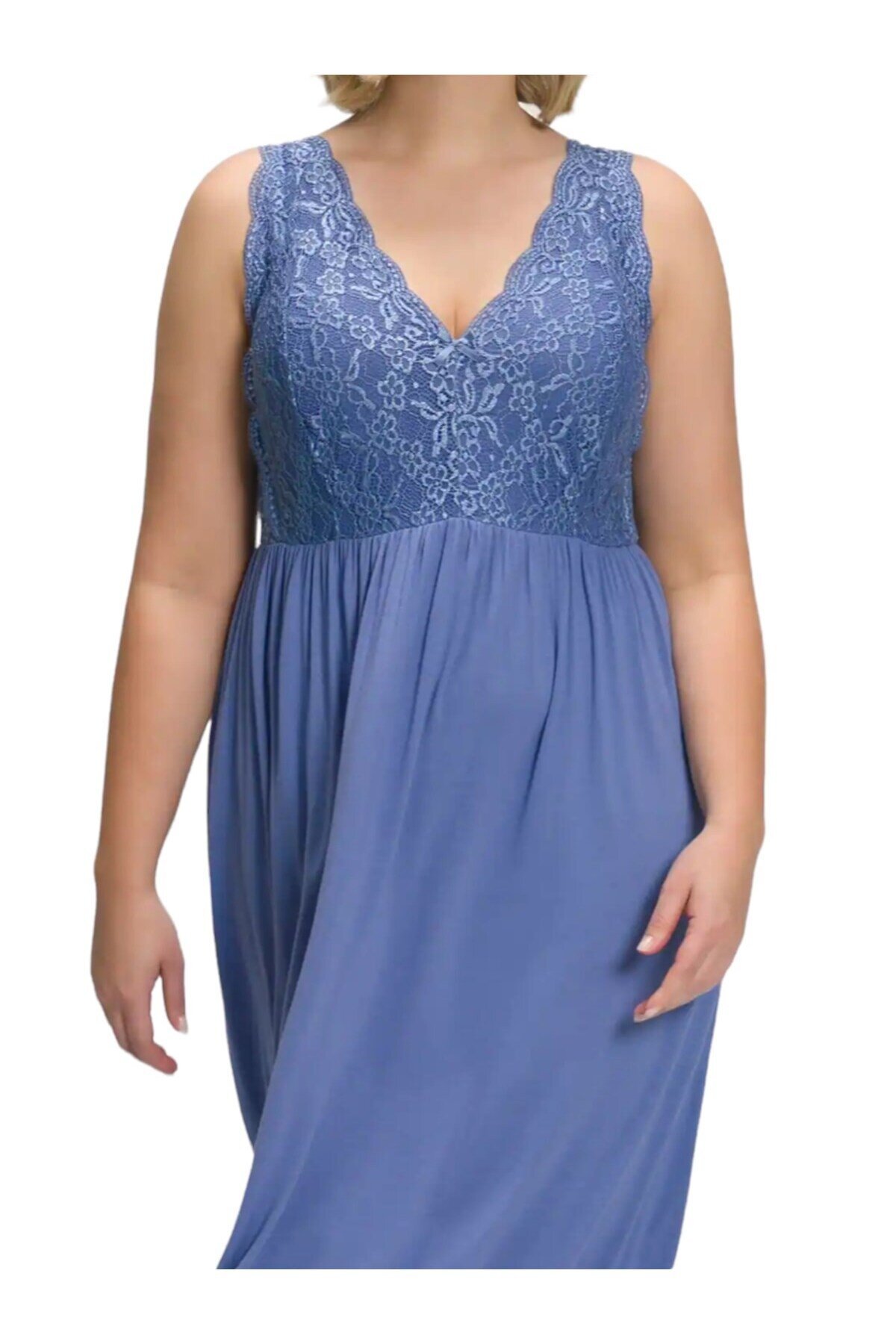 Kadın Dantel Detay Askılı Bebe-buz Mavi Şık Uzun Büyük Beden Curve Viskon Gecelik Elbise