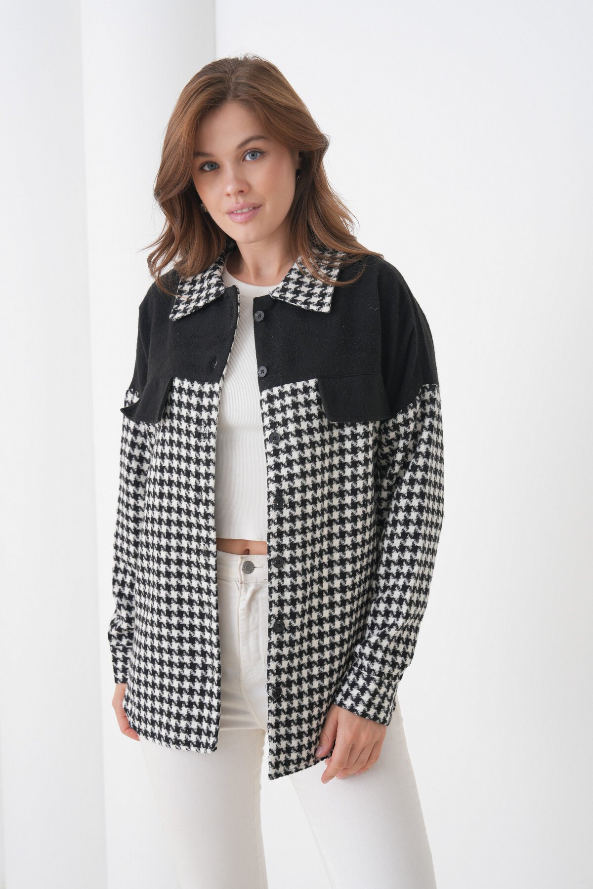 Kadın Desen Bloklu Oduncu Oversize Bol ve Geniş Kalıp Casual Cepli Yakalı Ceket Gömlek