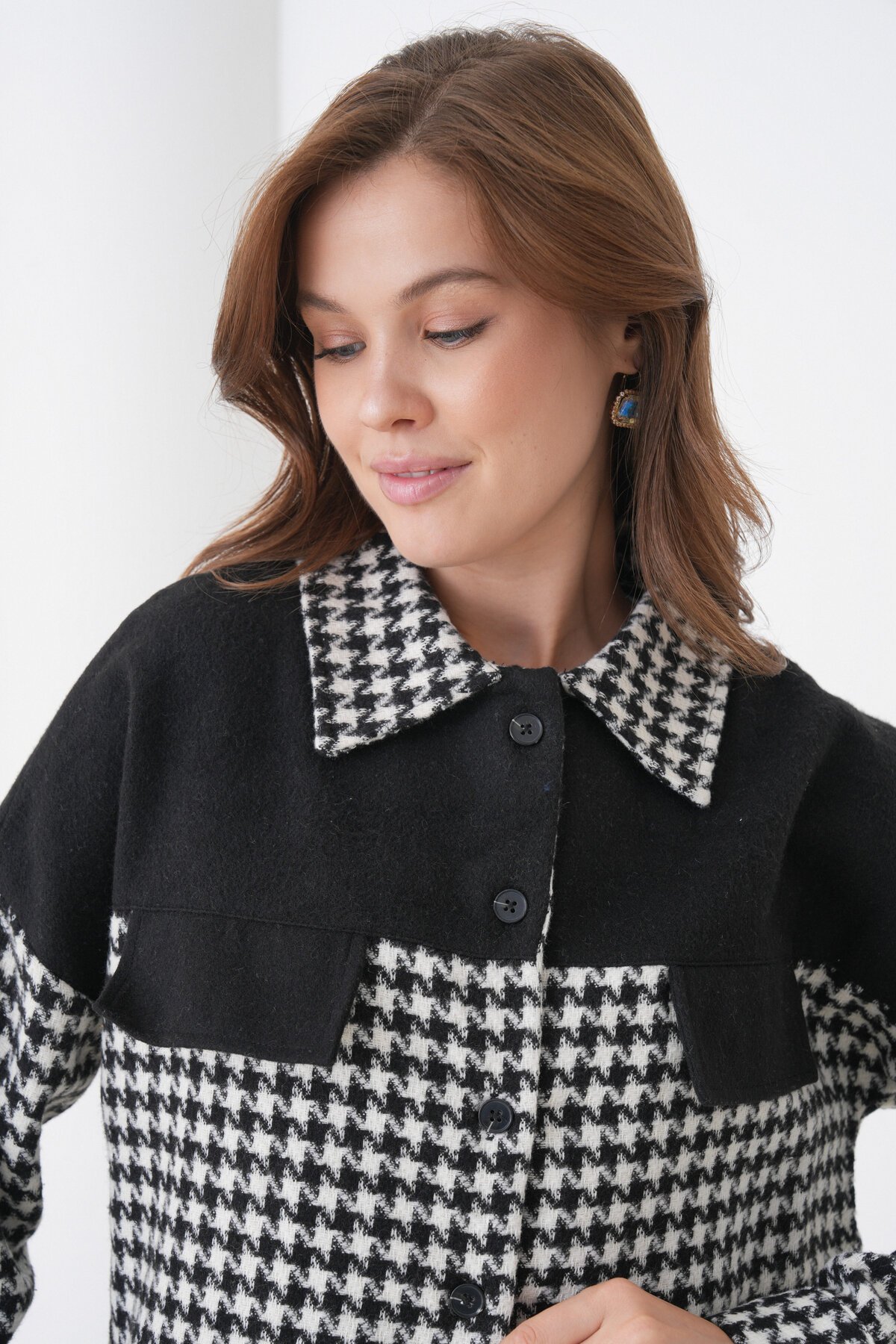 Kadın Desen Bloklu Oduncu Oversize Bol ve Geniş Kalıp Casual Cepli Yakalı Ceket Gömlek