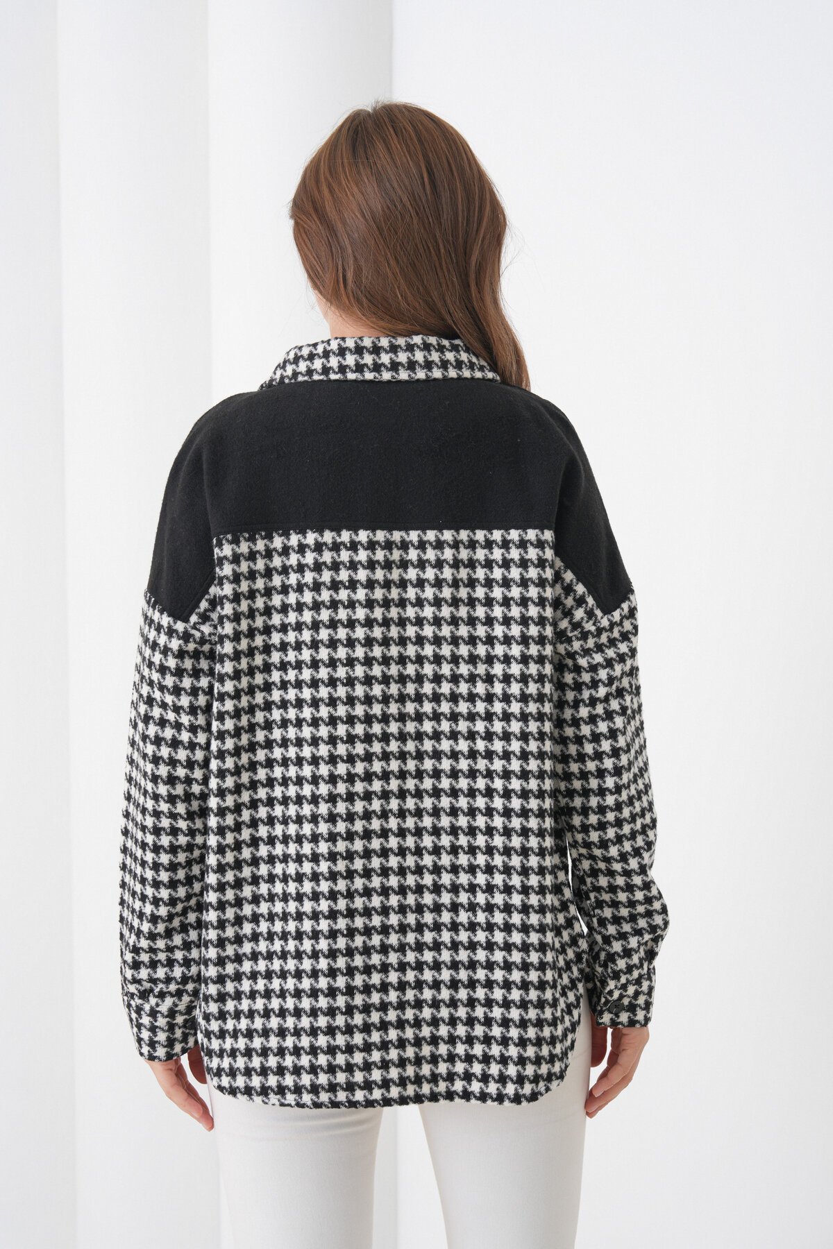 Kadın Desen Bloklu Oduncu Oversize Bol ve Geniş Kalıp Casual Cepli Yakalı Ceket Gömlek