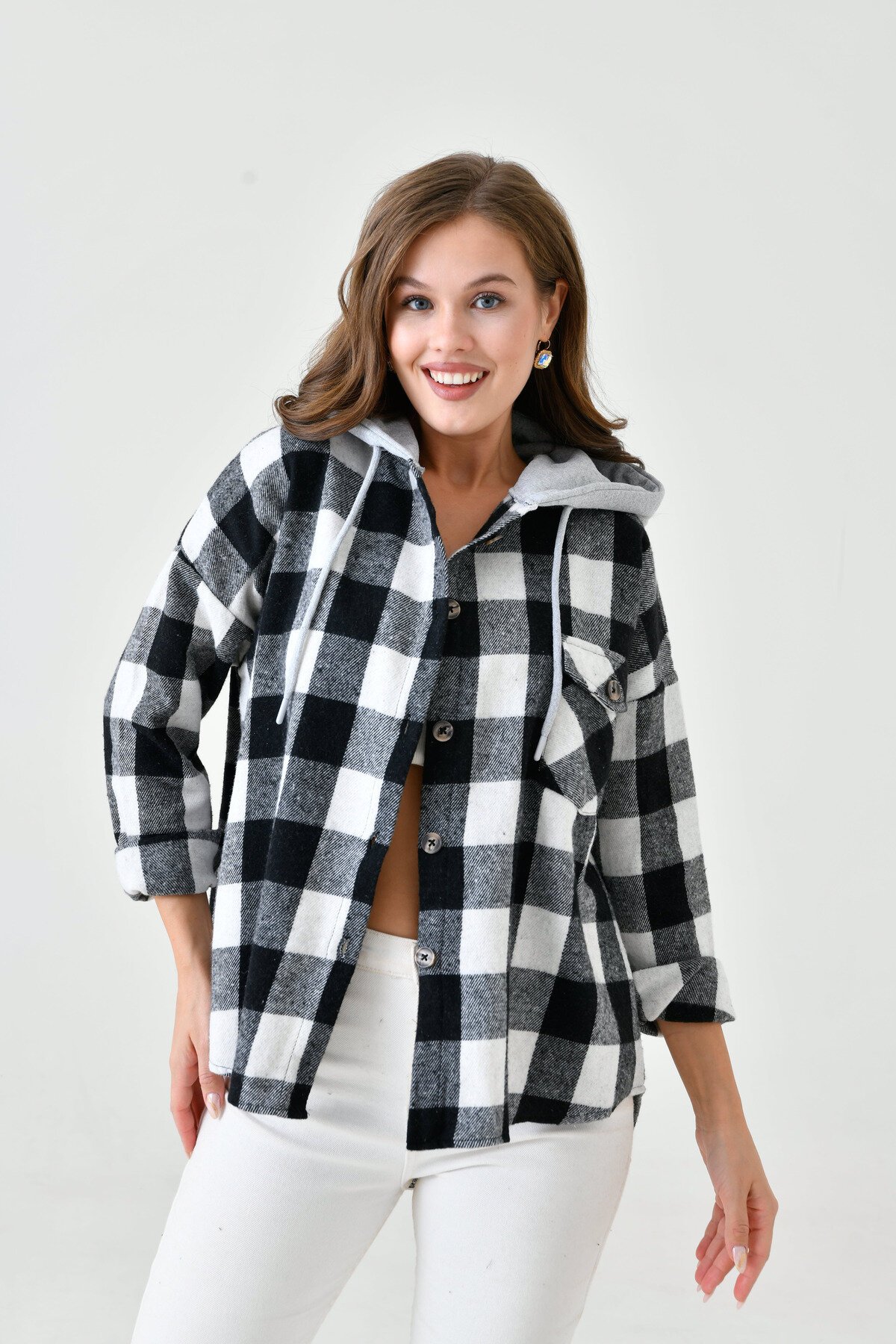 Kadın Desenli Renkli Oduncu Oversize Bol ve Geniş Kalıp Casual Çift Kapüşonlu Ceket Gömlek