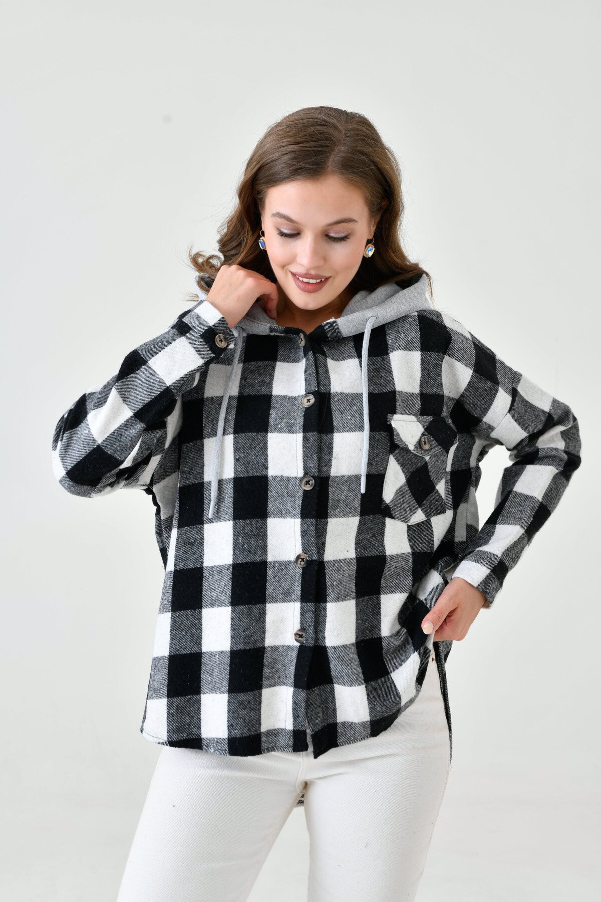 Kadın Desenli Renkli Oduncu Oversize Bol ve Geniş Kalıp Casual Çift Kapüşonlu Ceket Gömlek