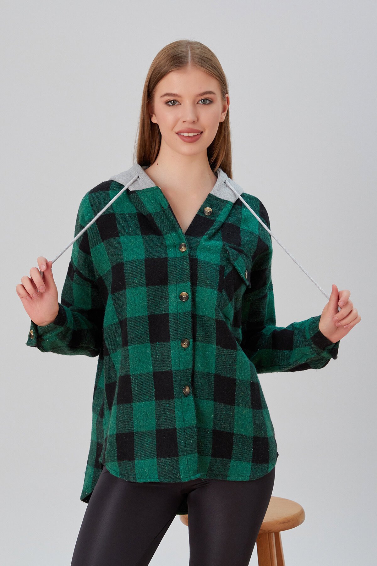 Kadın Desenli Renkli Oduncu Oversize Bol ve Geniş Kalıp Casual Çift Kapüşonlu Ceket Gömlek