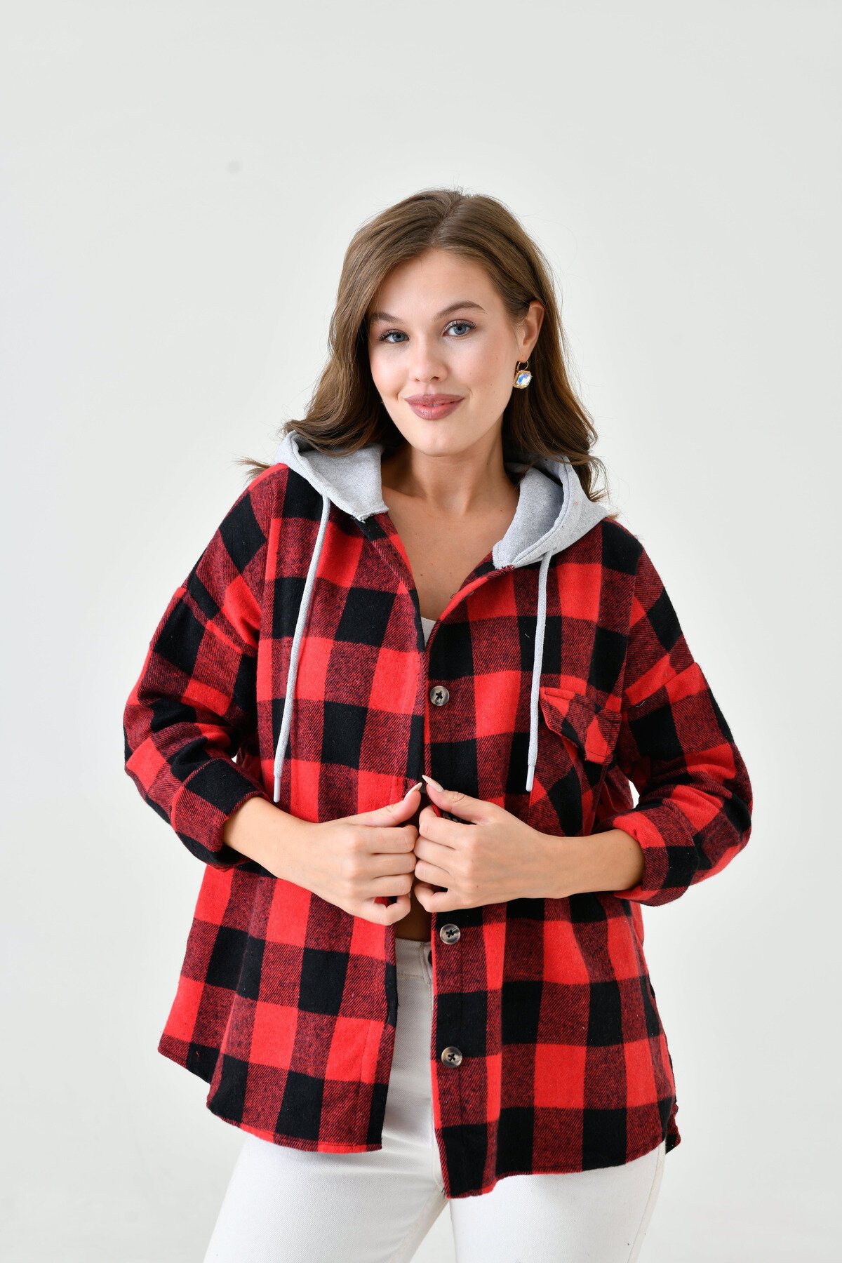 Kadın Desenli Renkli Oduncu Oversize Bol ve Geniş Kalıp Casual Çift Kapüşonlu Ceket Gömlek