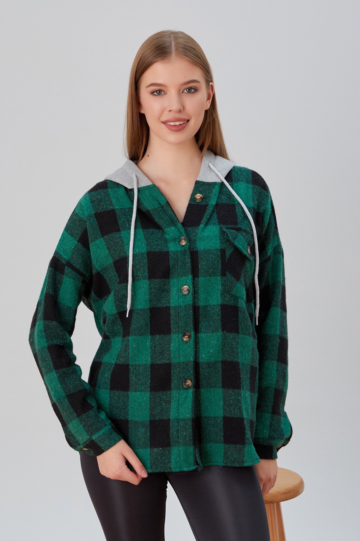 Kadın Desenli Renkli Oduncu Oversize Bol ve Geniş Kalıp Casual Çift Kapüşonlu Ceket Gömlek