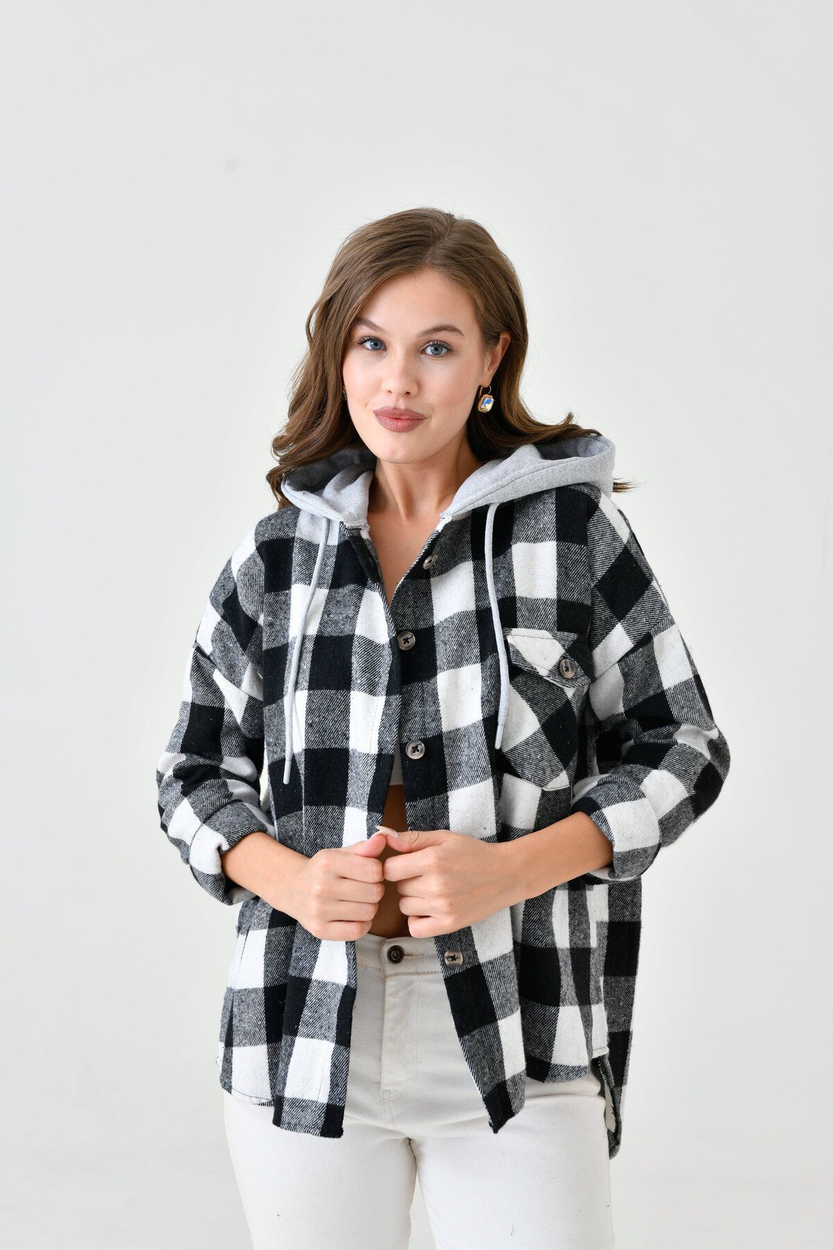 Kadın Desenli Renkli Oduncu Oversize Bol ve Geniş Kalıp Casual Çift Kapüşonlu Ceket Gömlek