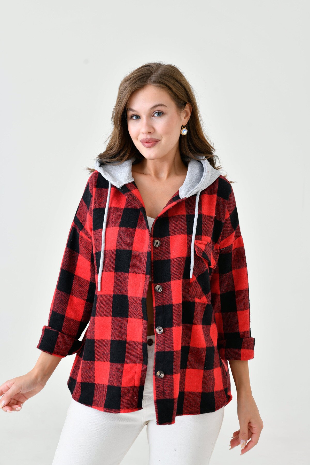 Kadın Desenli Renkli Oduncu Oversize Bol ve Geniş Kalıp Casual Çift Kapüşonlu Ceket Gömlek