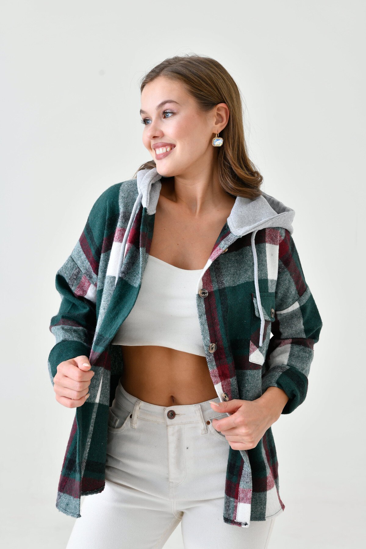 Kadın Desenli Renkli Oduncu Oversize Bol ve Geniş Kalıp Casual Çift Kapüşonlu Ceket Gömlek