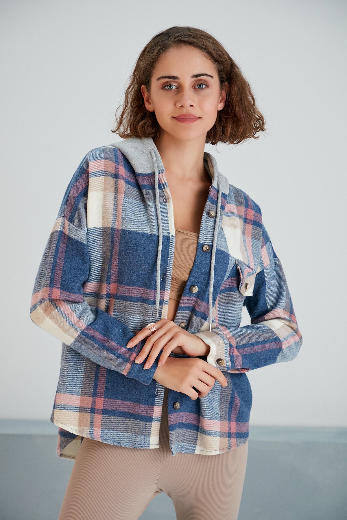 Kadın Desenli Renkli Oduncu Oversize Bol ve Geniş Kalıp Casual Çift Kapüşonlu Ceket Gömlek