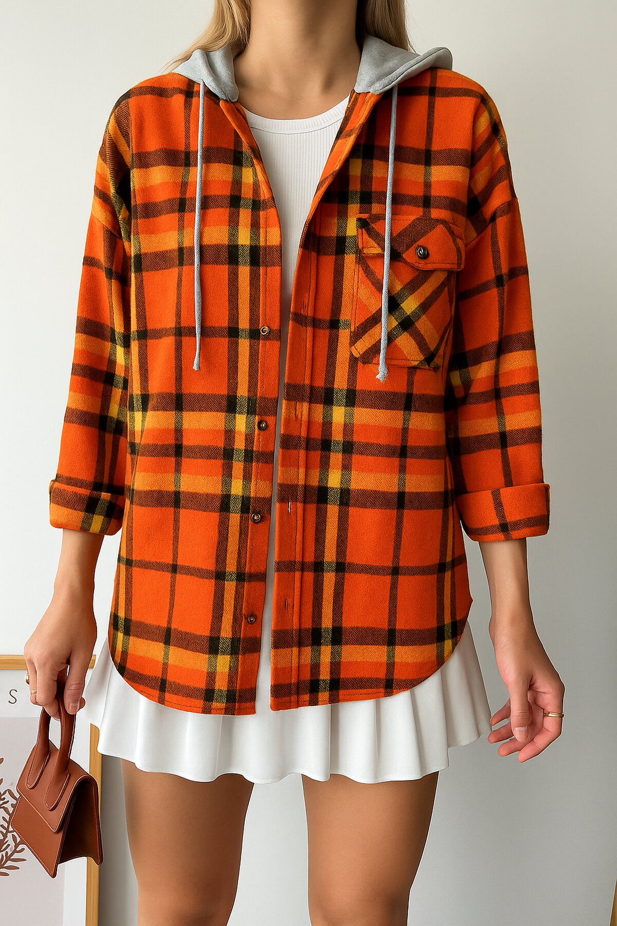 Kadın Desenli Renkli Oduncu Oversize Bol ve Geniş Kalıp Casual Çift Kapüşonlu Ceket Gömlek