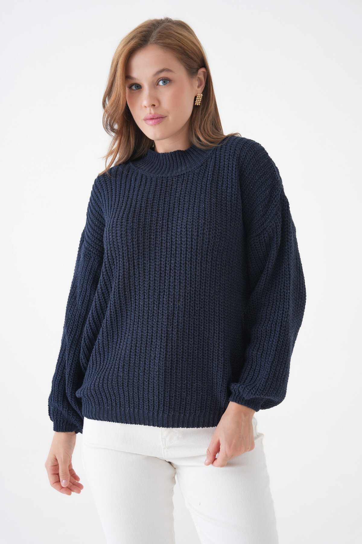 Kadın Dik Yaka Basic Uzun Kol Rahat Kalıp Büyük Beden Curve Uyumlu Spor Şık Kazak