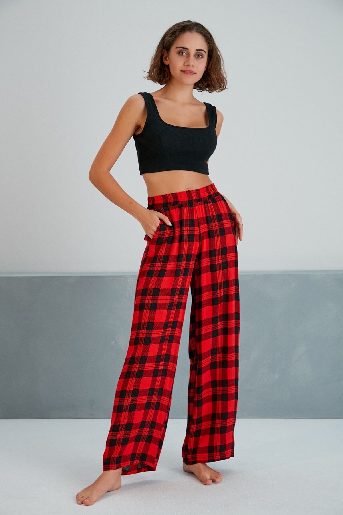 Kadın Dokuma Viskon Dama Desenli Cepli Büyük Beden Kalıp Beli Lastikli Salaş Pantolon