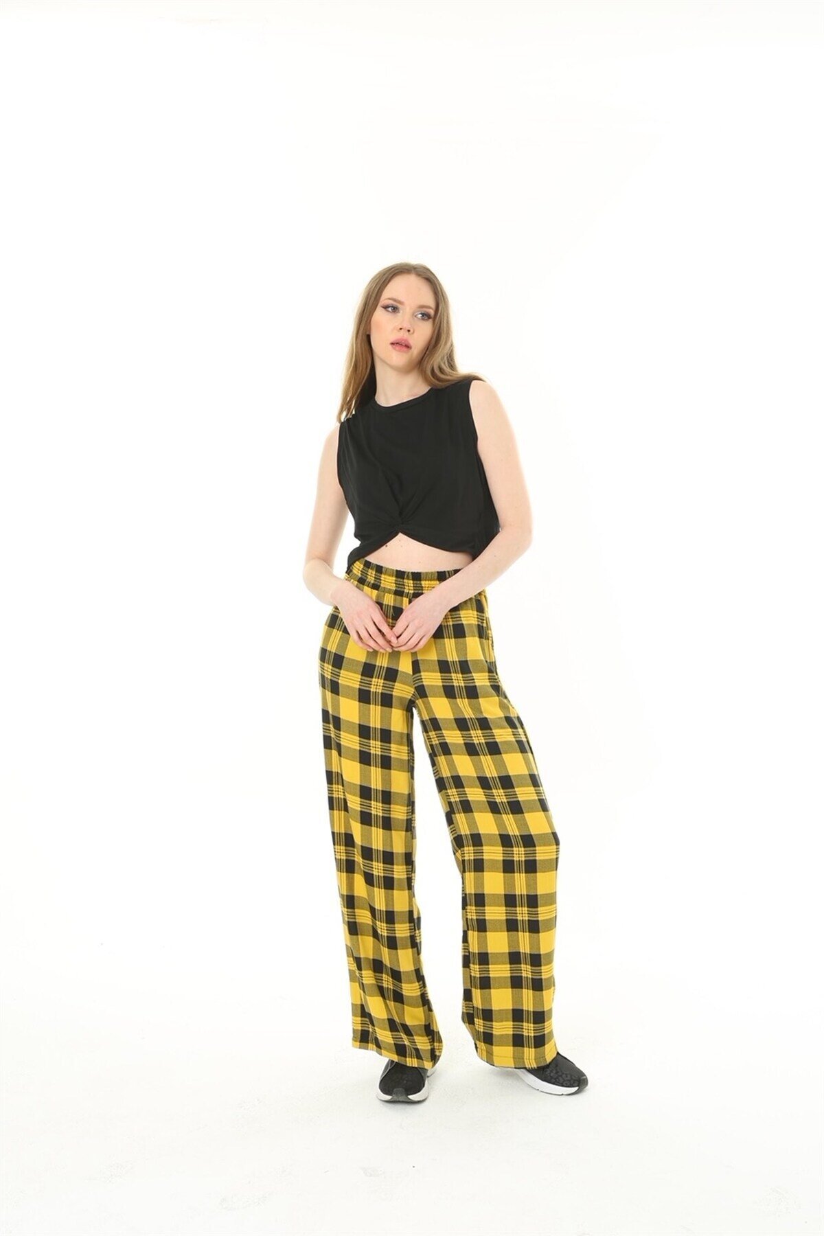 Kadın Dokuma Viskon Dama Desenli Cepli Büyük Beden Kalıp Beli Lastikli Salaş Pantolon