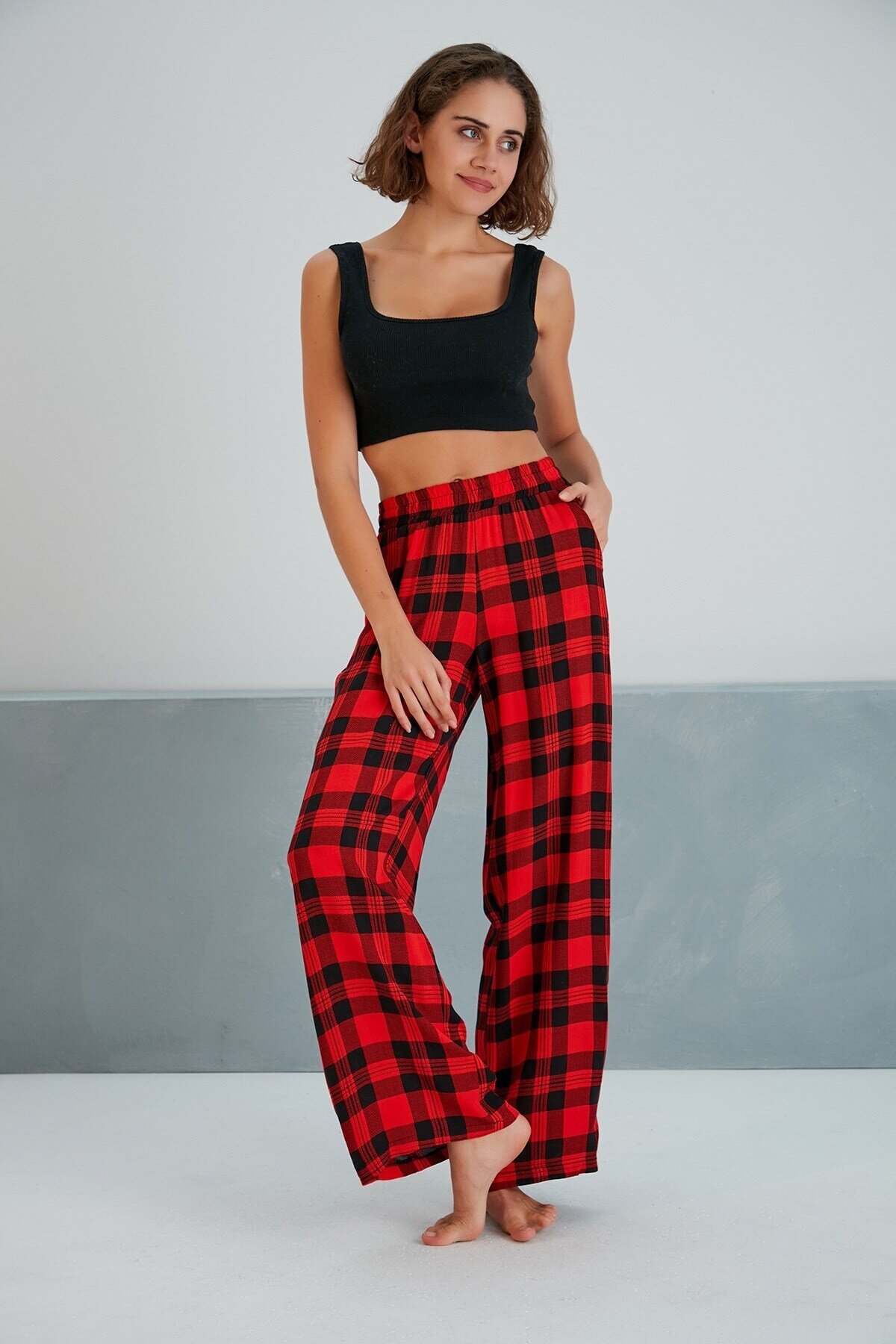 Kadın Dokuma Viskon Dama Desenli Cepli Büyük Beden Kalıp Beli Lastikli Salaş Pantolon