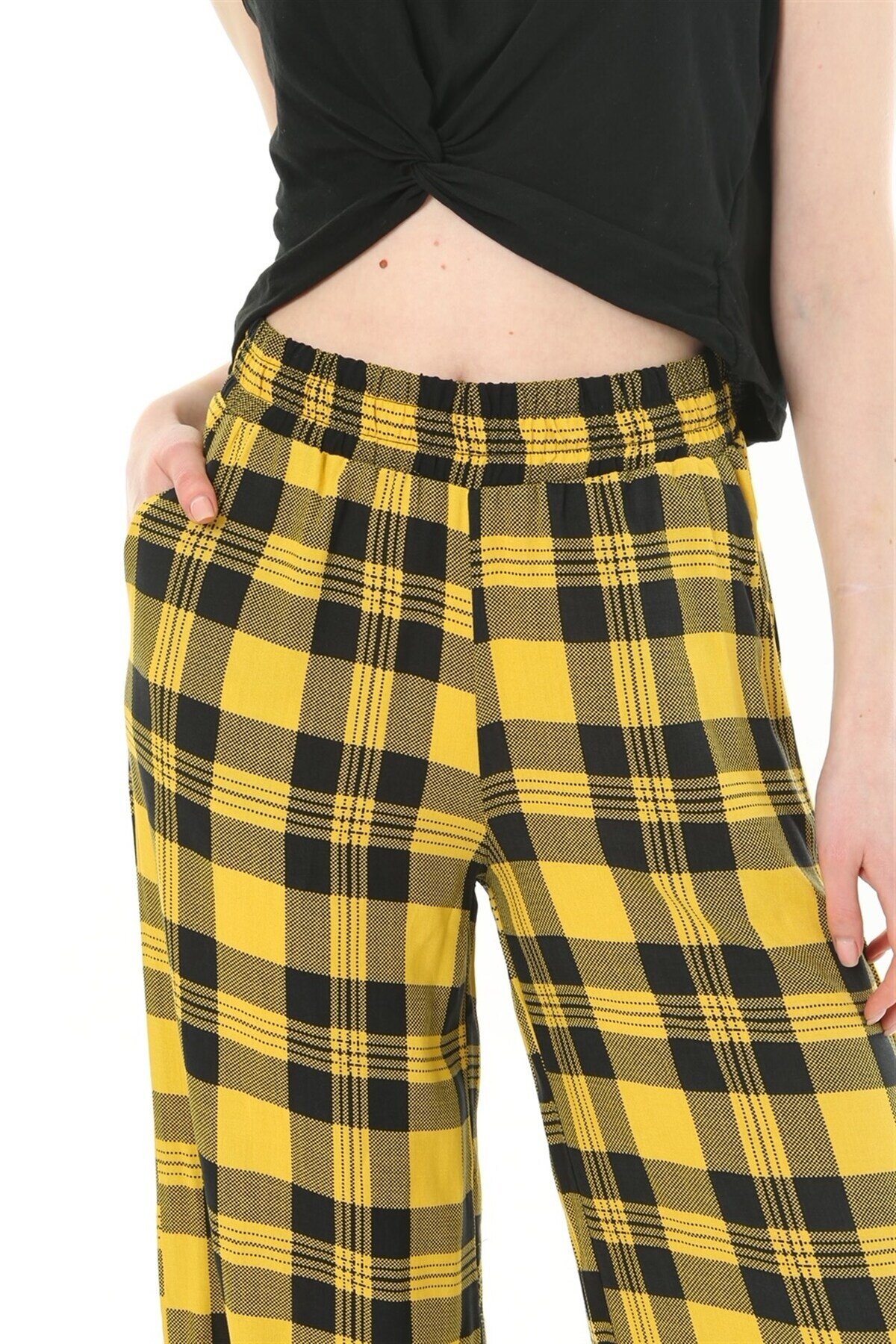 Kadın Dokuma Viskon Dama Desenli Cepli Büyük Beden Kalıp Beli Lastikli Salaş Pantolon