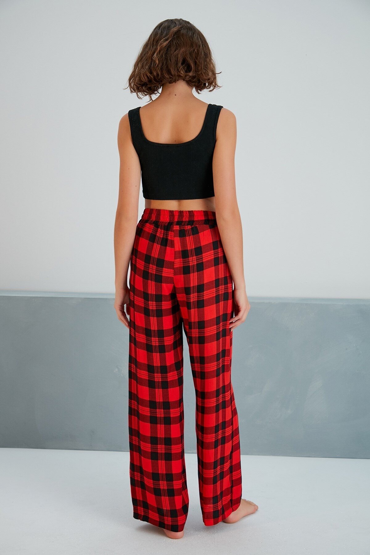 Kadın Dokuma Viskon Dama Desenli Cepli Büyük Beden Kalıp Beli Lastikli Salaş Pantolon