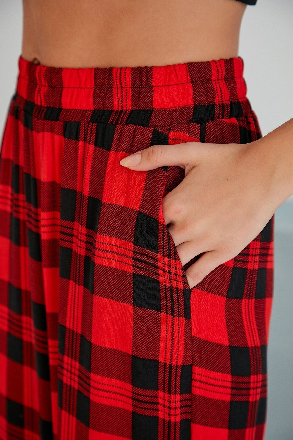 Kadın Dokuma Viskon Dama Desenli Cepli Büyük Beden Kalıp Beli Lastikli Salaş Pantolon