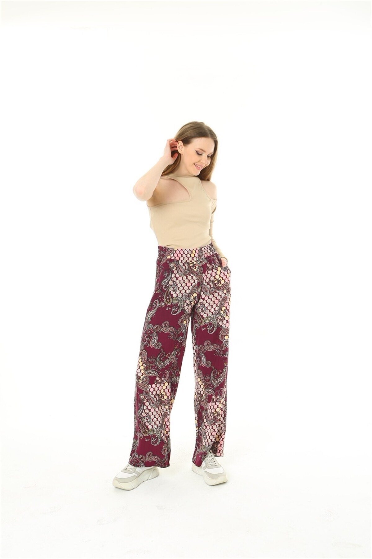 Kadın Dokuma Viskon Desenli Cepli Büyük Beden Kalıp Beli Lastikli Salaş Pantolon