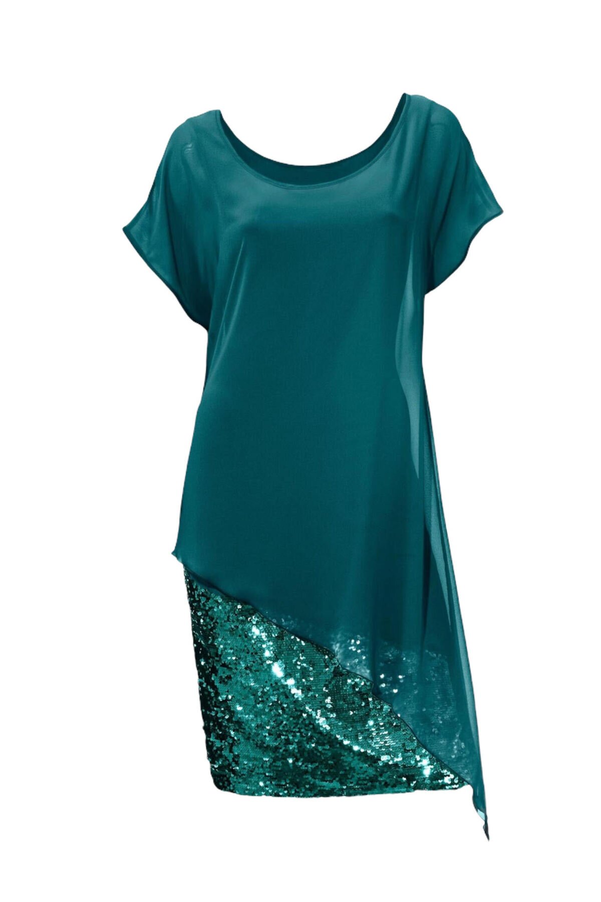 Kadın Eteği Pullu Üstü Şal Şifon Yakalı Şık Büyük Beden Yarım Kol Gece Abiye Elbise