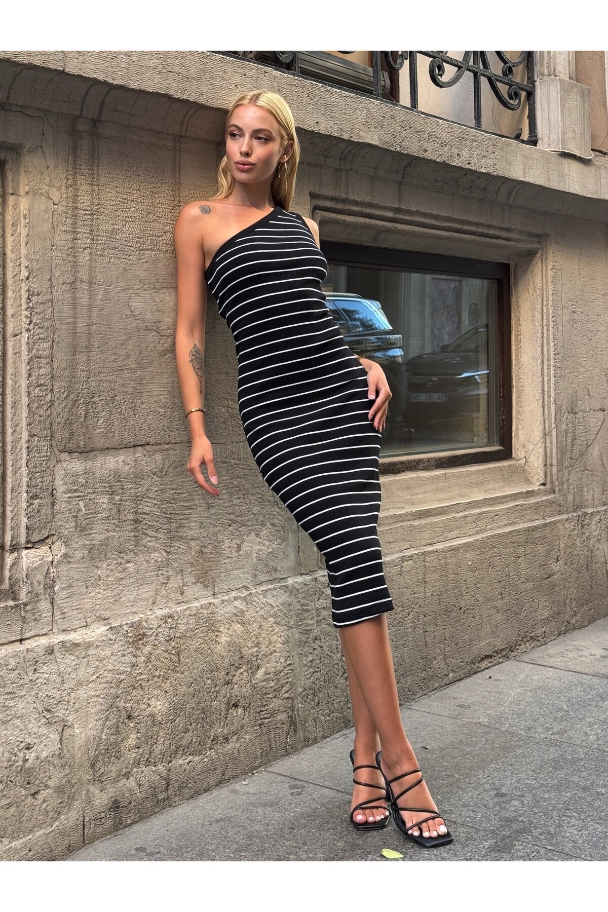 Kadın Fitilli Çizgili Desenli Midi Boy Yazlık Pamuk Şık Casual Tek Omuz Elbise