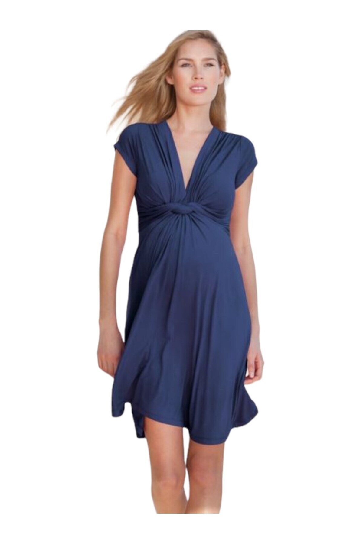 Kadın Göğüs Altında Düğüm Model Spor Şık Viskon Lacivert Hamile Elbisesi