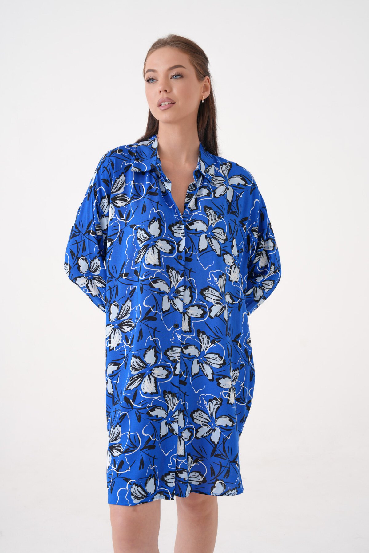 Kadın Gömlek Yaka Büyük Beden Desenli Tunik Boy Uzun Kol Gömlek Elbise