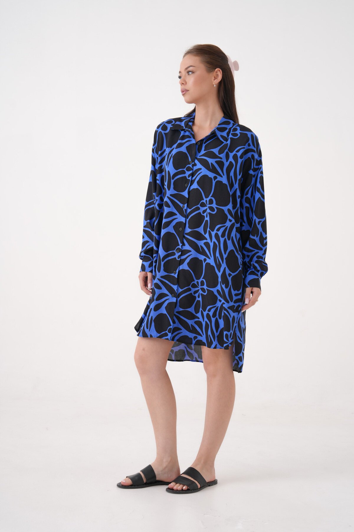 Kadın Gömlek Yaka Büyük Beden Desenli Tunik Boy Uzun Kol Gömlek Elbise