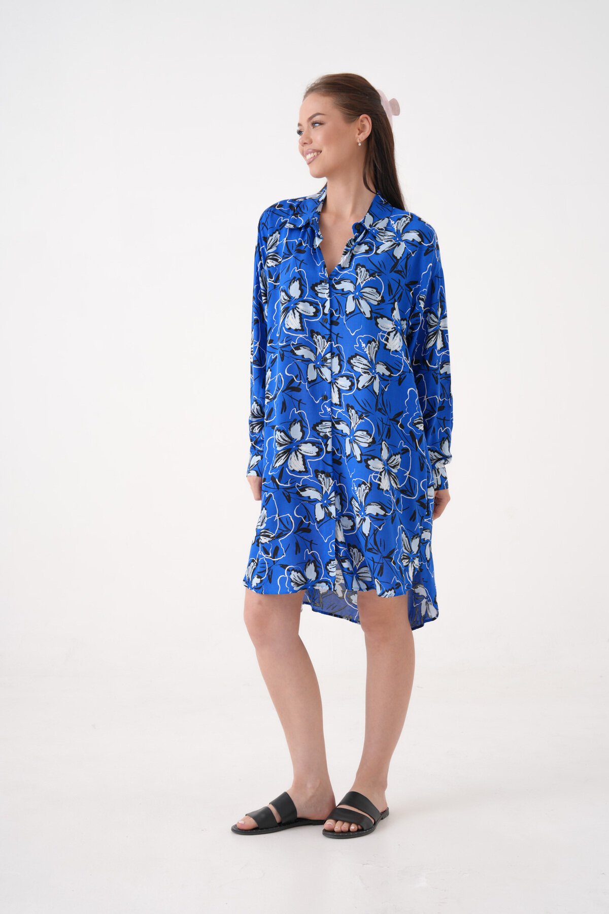 Kadın Gömlek Yaka Büyük Beden Desenli Tunik Boy Uzun Kol Gömlek Elbise