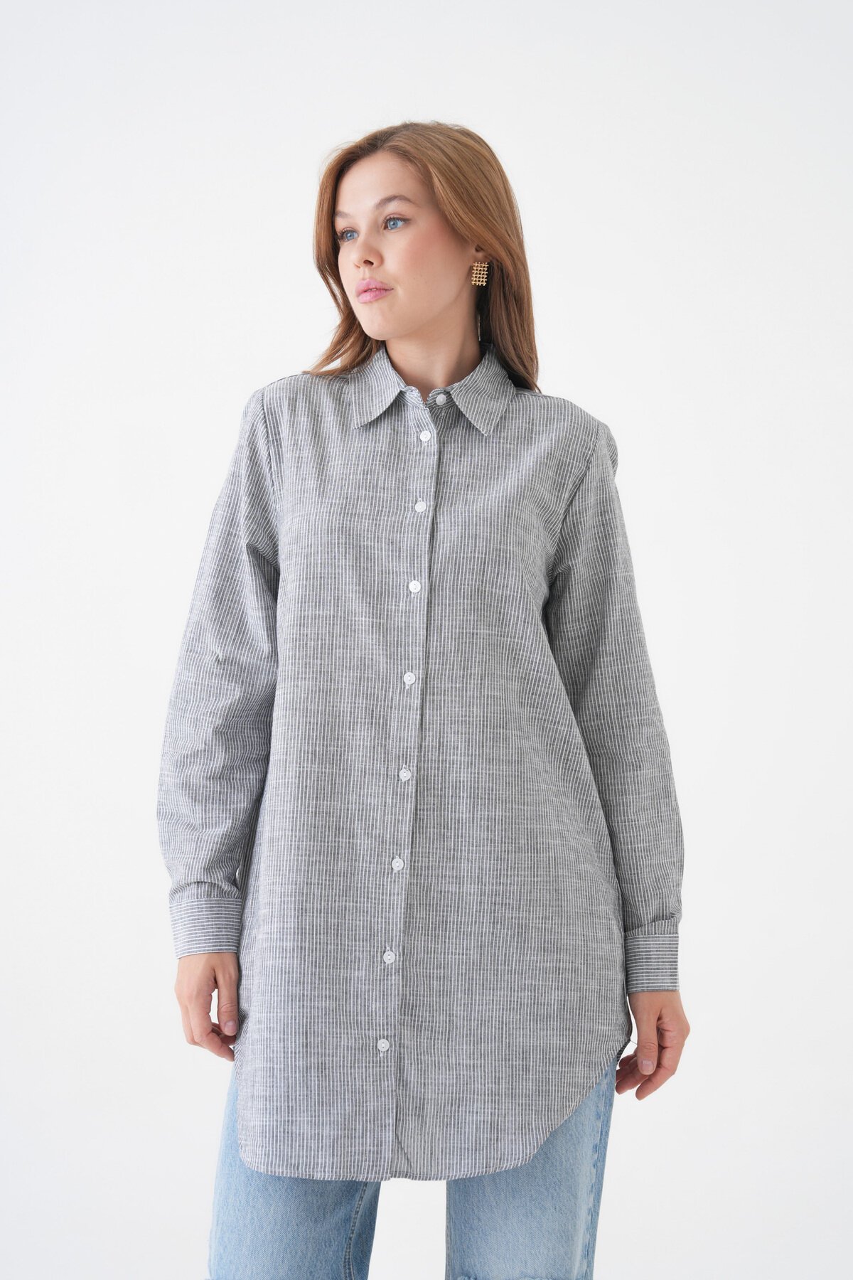 Kadın Gömlek Yaka Düğmeli Uzun Kol Tunik Boy Rahat Çizgili Curve Büyük Beden Tesettüre Uygun Gömlek