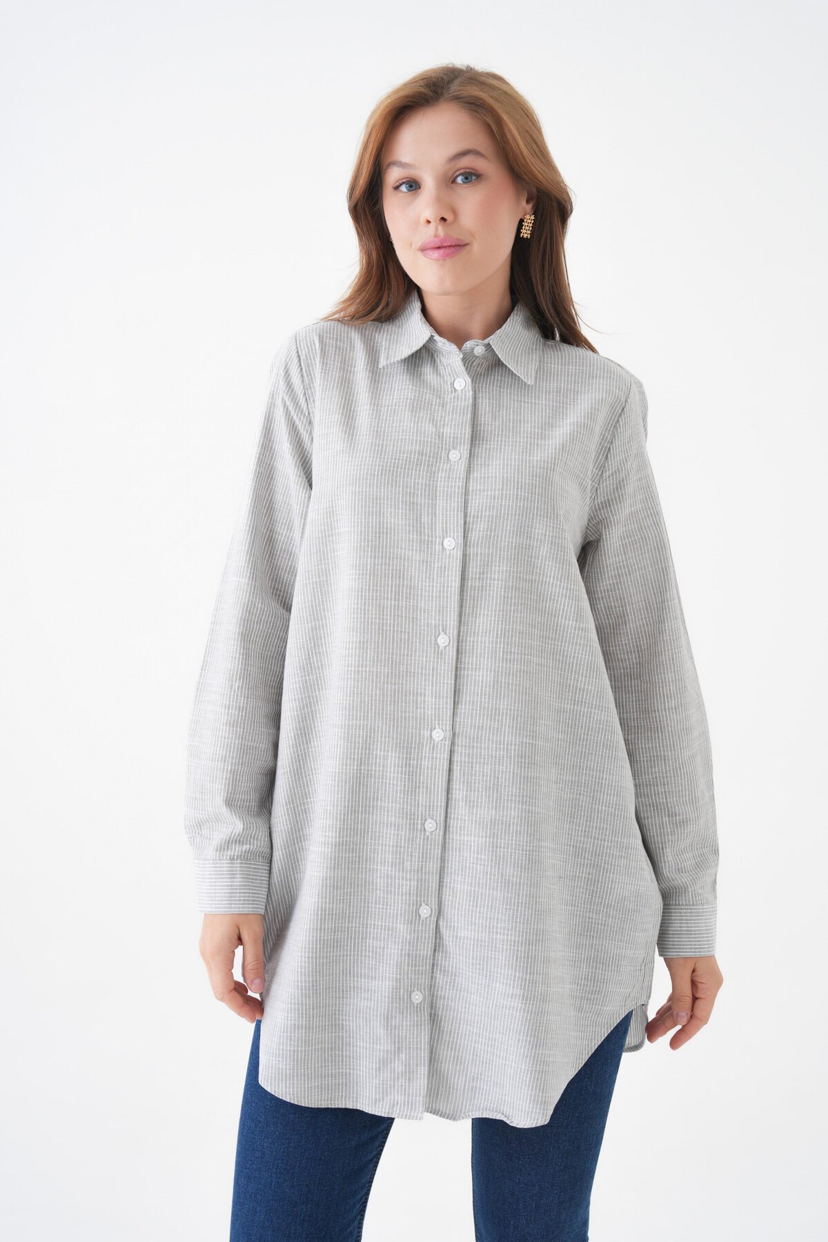 Kadın Gömlek Yaka Düğmeli Uzun Kol Tunik Boy Rahat Çizgili Curve Büyük Beden Tesettüre Uygun Gömlek