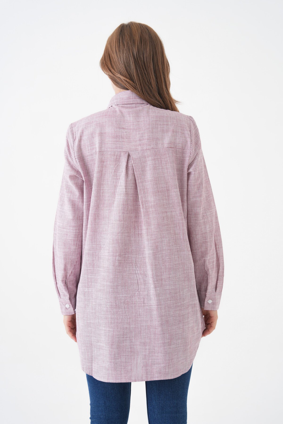 Kadın Gömlek Yaka Düğmeli Uzun Kol Tunik Boy Rahat Çizgili Curve Büyük Beden Tesettüre Uygun Gömlek