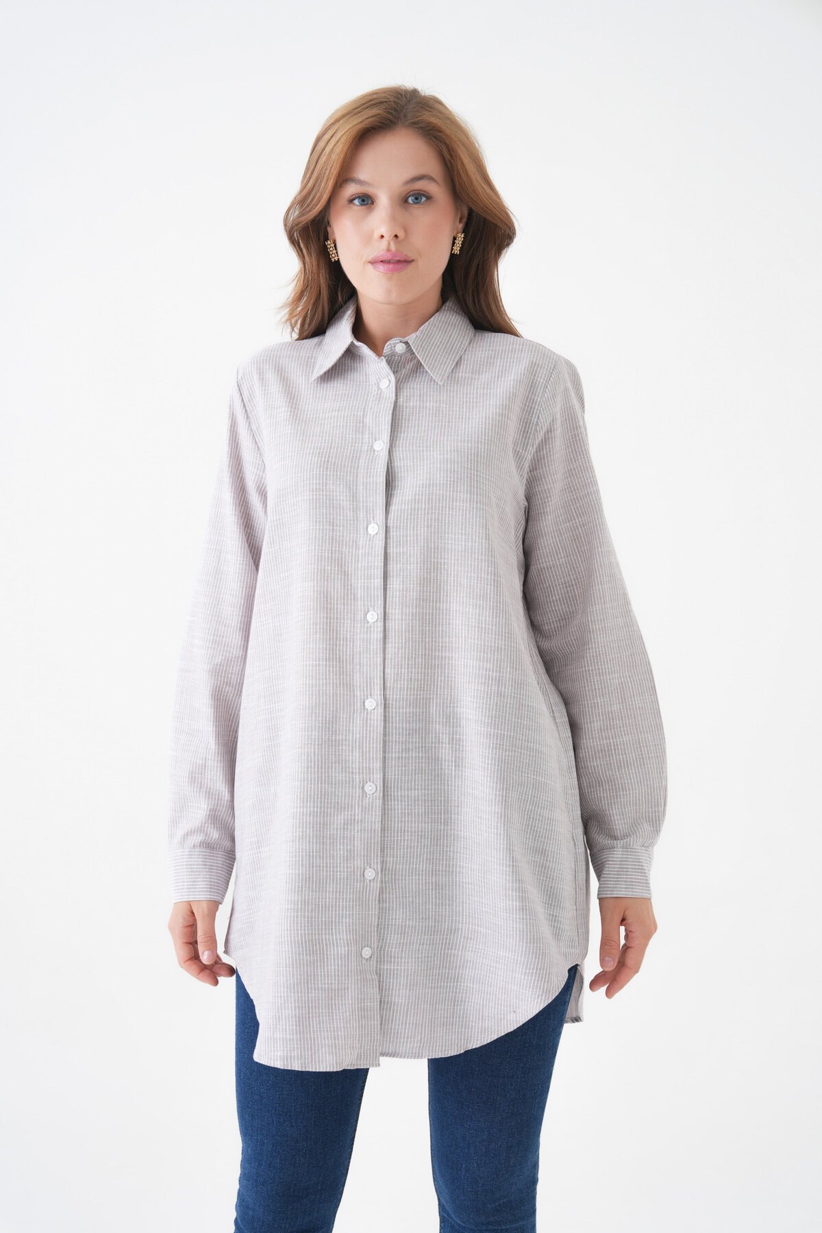 Kadın Gömlek Yaka Düğmeli Uzun Kol Tunik Boy Rahat Çizgili Curve Büyük Beden Tesettüre Uygun Gömlek