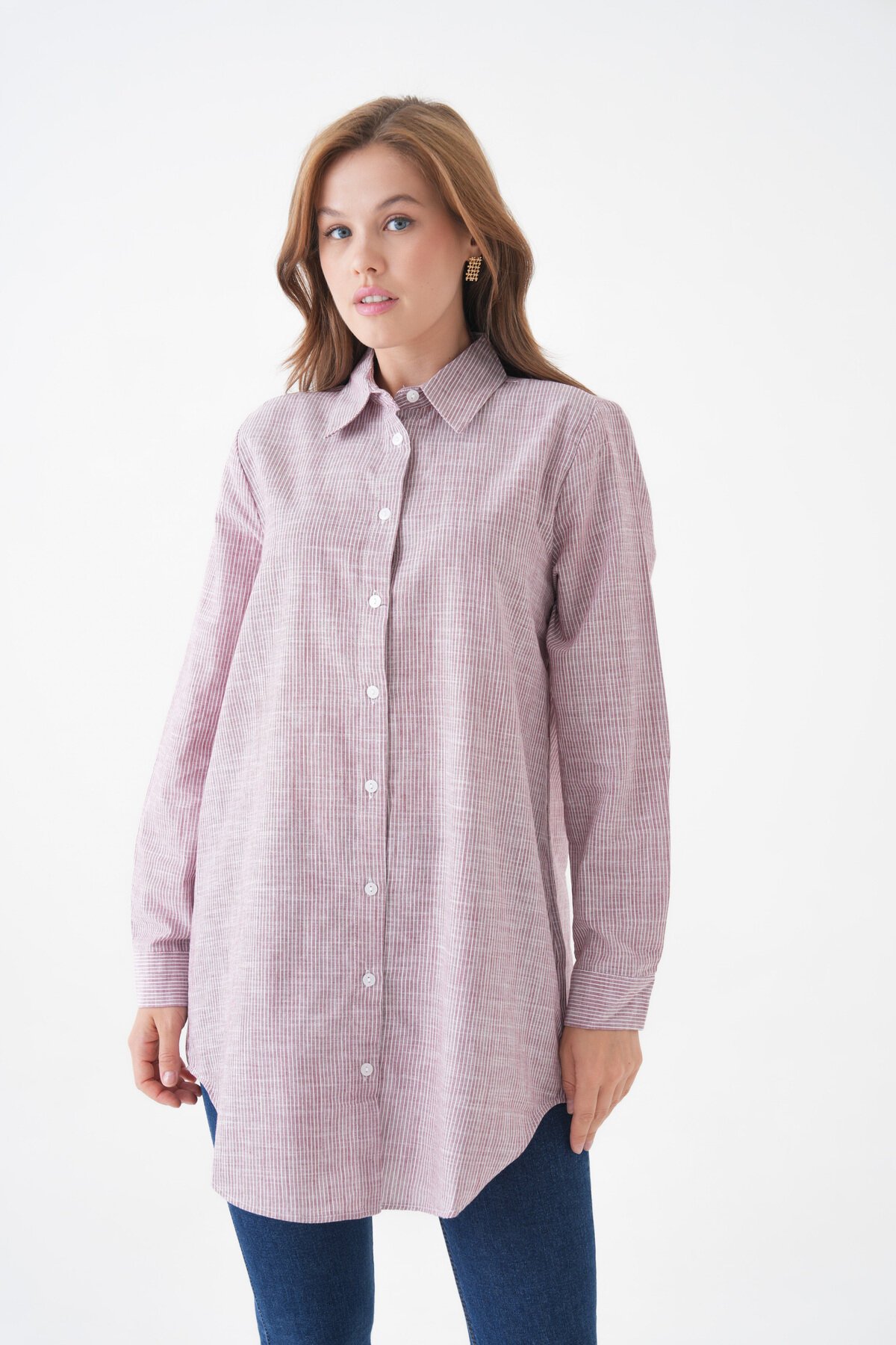 Kadın Gömlek Yaka Düğmeli Uzun Kol Tunik Boy Rahat Çizgili Curve Büyük Beden Tesettüre Uygun Gömlek