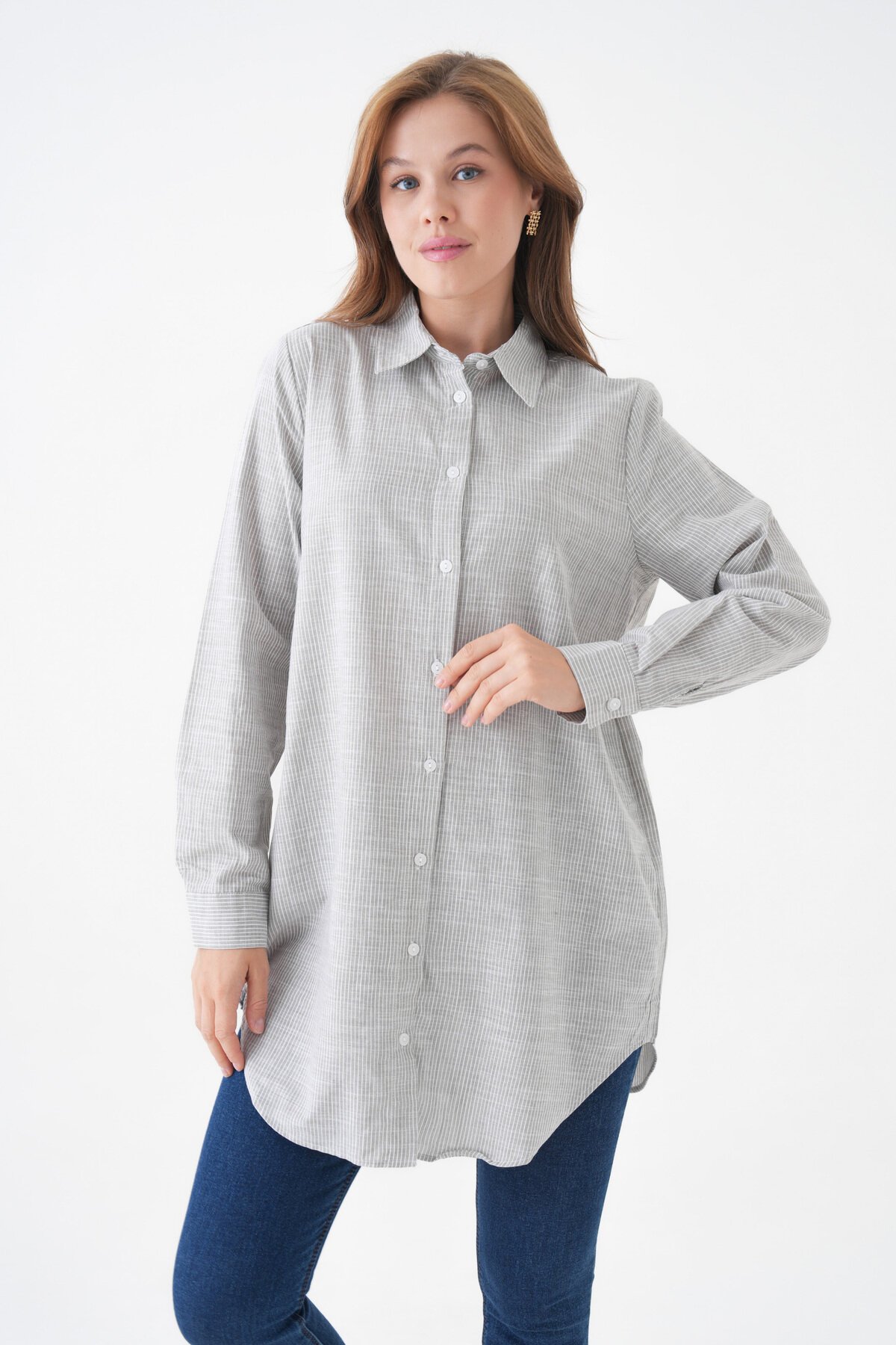 Kadın Gömlek Yaka Düğmeli Uzun Kol Tunik Boy Rahat Çizgili Curve Büyük Beden Tesettüre Uygun Gömlek
