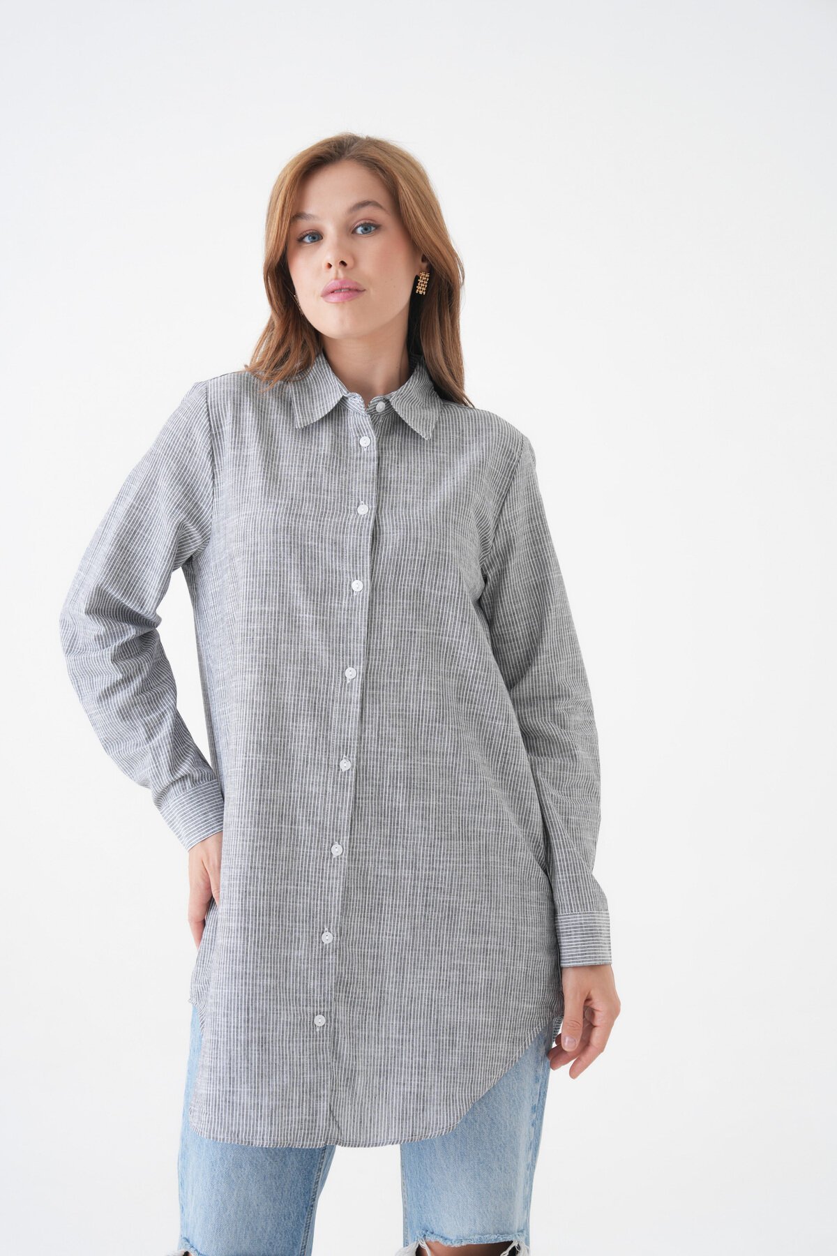 Kadın Gömlek Yaka Düğmeli Uzun Kol Tunik Boy Rahat Çizgili Curve Büyük Beden Tesettüre Uygun Gömlek