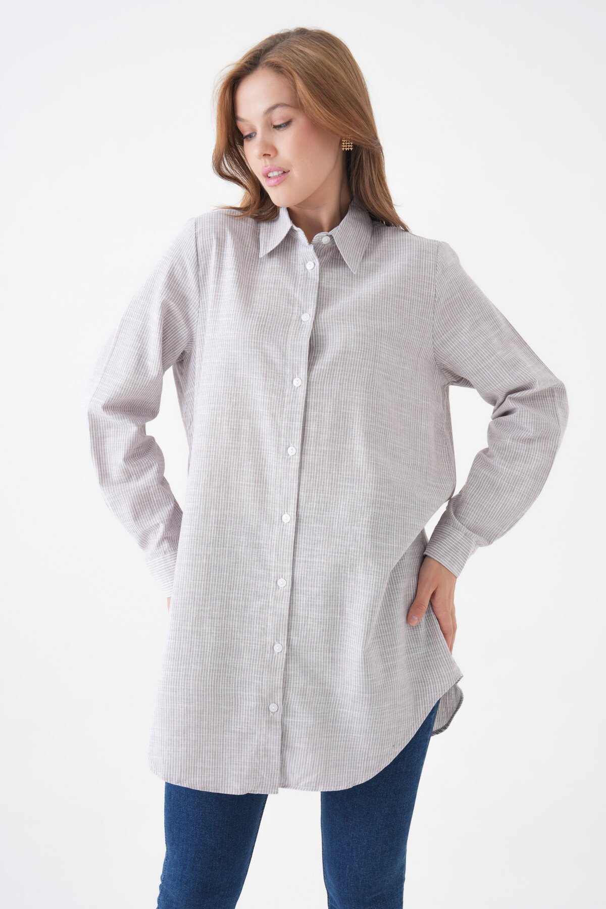 Kadın Gömlek Yaka Düğmeli Uzun Kol Tunik Boy Rahat Çizgili Curve Büyük Beden Tesettüre Uygun Gömlek