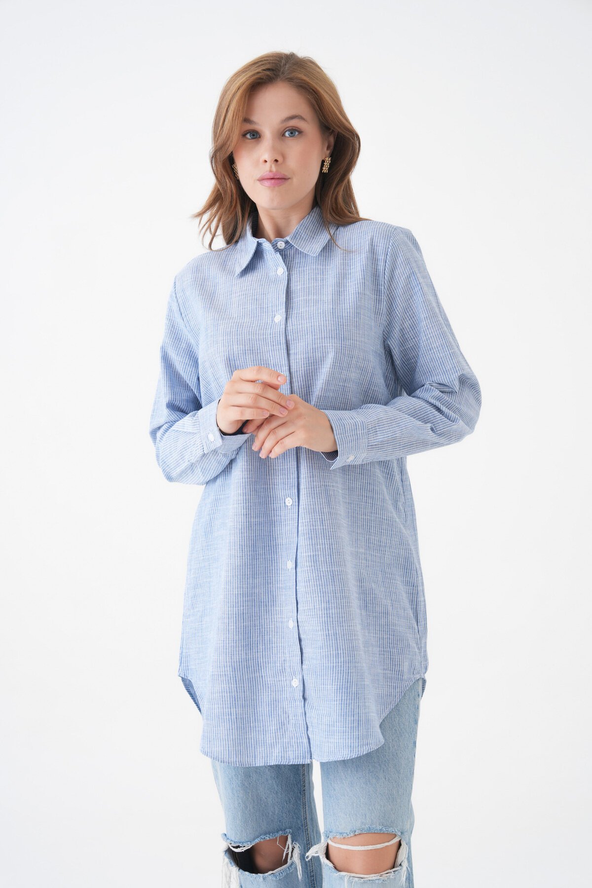 Kadın Gömlek Yaka Düğmeli Uzun Kol Tunik Boy Rahat Çizgili Curve Büyük Beden Tesettüre Uygun Gömlek