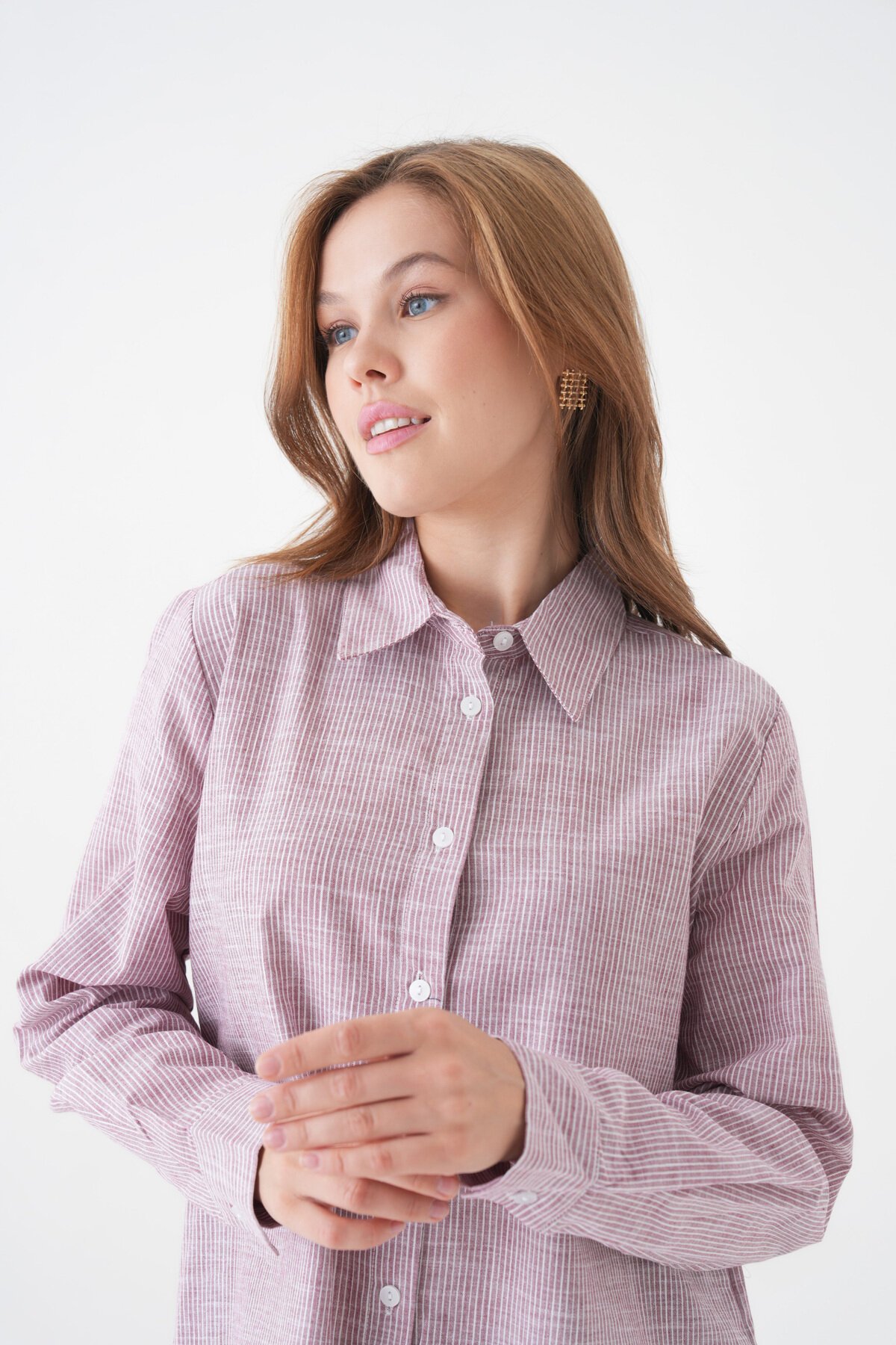 Kadın Gömlek Yaka Düğmeli Uzun Kol Tunik Boy Rahat Çizgili Curve Büyük Beden Tesettüre Uygun Gömlek