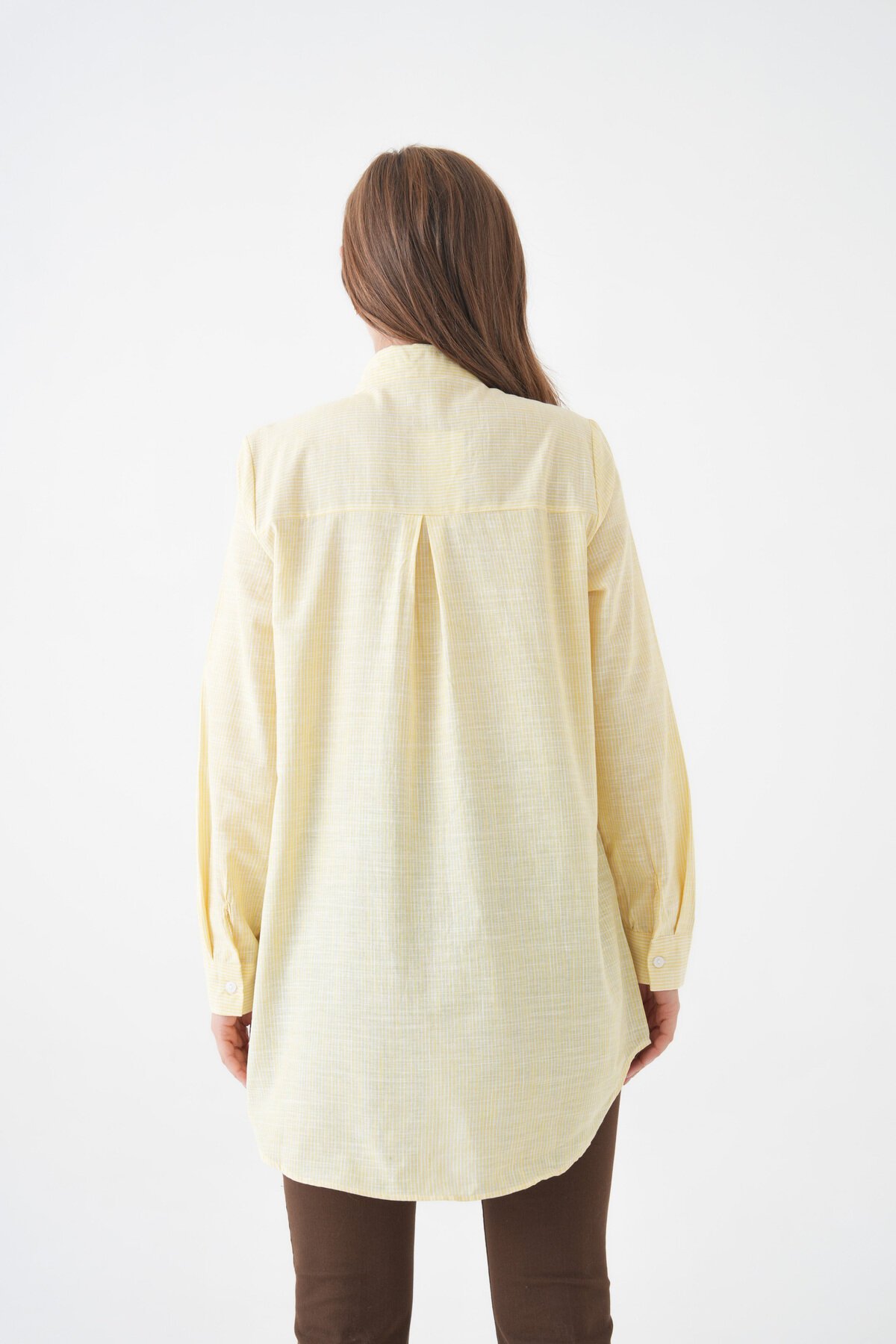 Kadın Gömlek Yaka Düğmeli Uzun Kol Tunik Boy Rahat Çizgili Curve Büyük Beden Tesettüre Uygun Gömlek