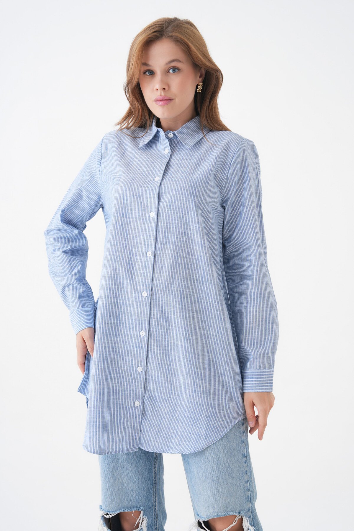 Kadın Gömlek Yaka Düğmeli Uzun Kol Tunik Boy Rahat Çizgili Curve Büyük Beden Tesettüre Uygun Gömlek