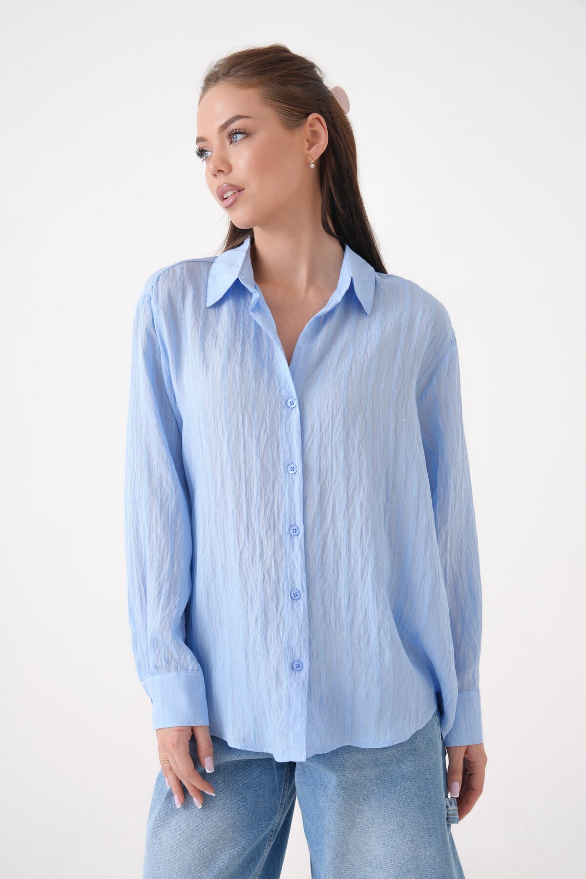 Kadın Gömlek Yaka Önü Düğmeli Düz Uzun Kol Rahat Kalıp Curve Büyük Beden Yazlık Gömlek